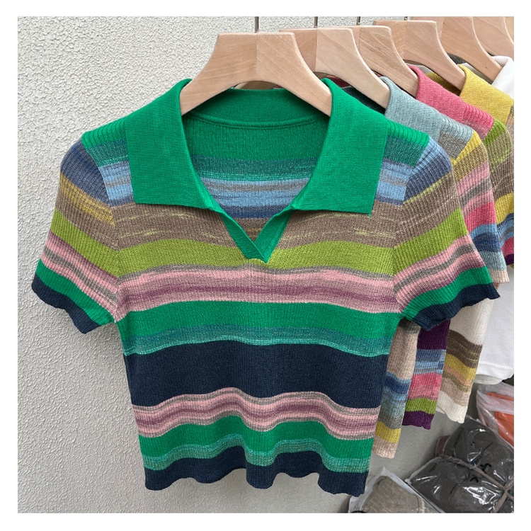 Áo dệt kim SUXI ngắn tay họa tiết kẻ sọc màu sắc tương phản phong cách vintage thời trang mùa hè cho nữ