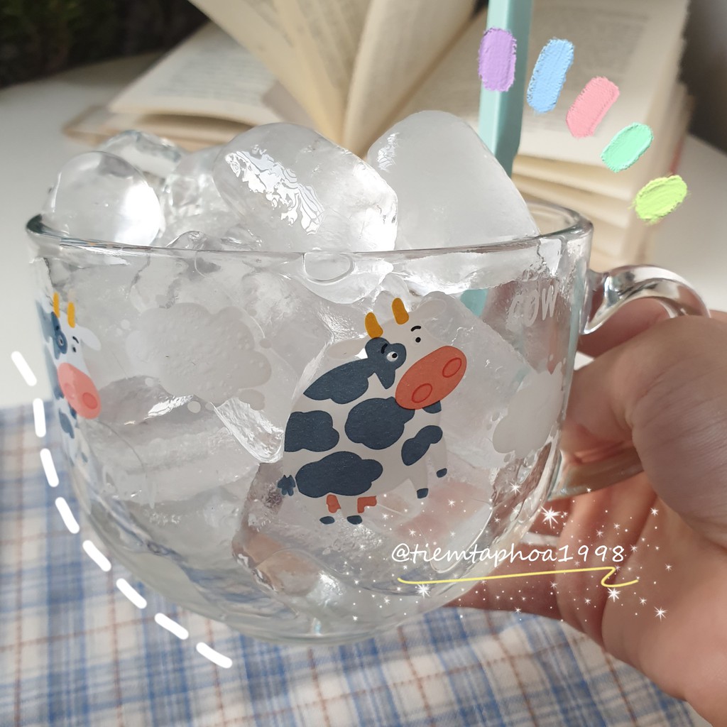 Tách Ly Cốc Thủy Tinh Ăn Sáng Ngũ Cốc Breakfast Cup Hình Bò Sữa (K Kèm Que Khuấy)