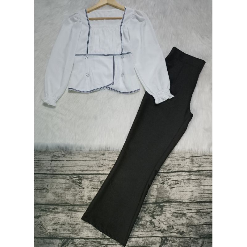 Set bộ tay dài cổ vuông phối viền trắng nút quần ống suông nhỏ bigsize 40-72kg | BigBuy360 - bigbuy360.vn
