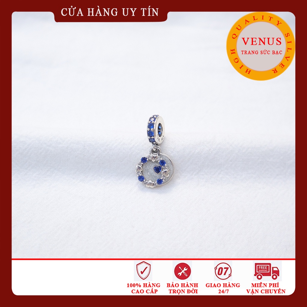 [Charm bạc 925 cao cấp] Charm treo tròn gắn đá xanh hình trái tim- Mã sản phẩm VENUSKB