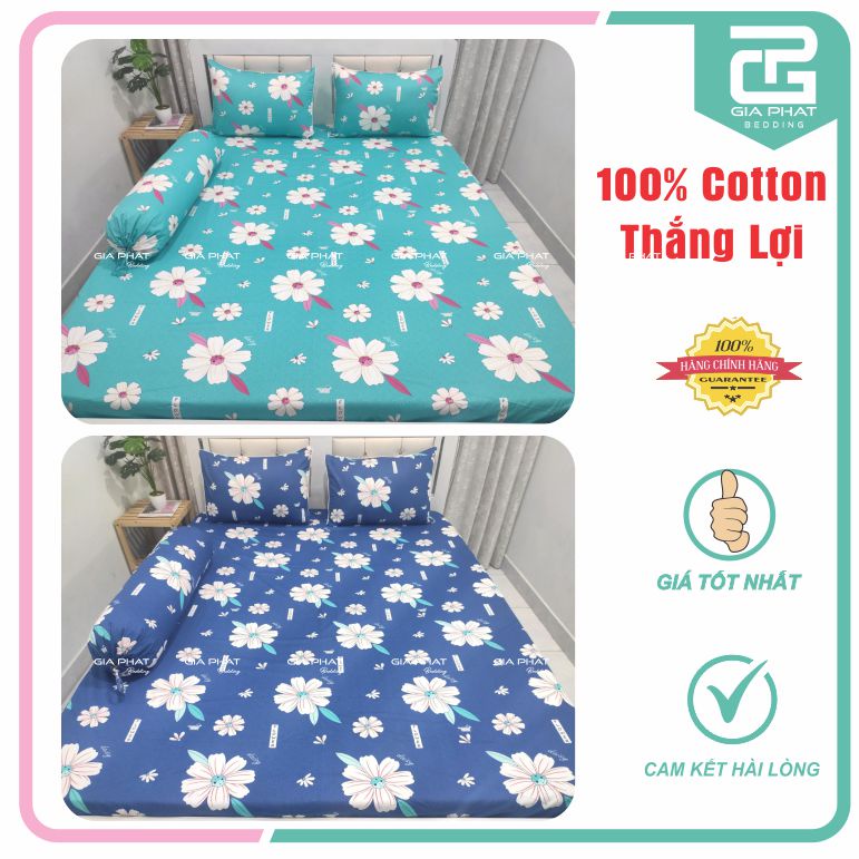 Bộ ga gối Thắng Lợi {4 món}100% Cotton chuẩn logo họa tiết Bông Lớn