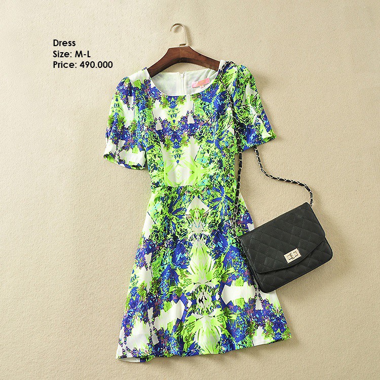 Đầm xòe tay ngắn phồng phối hoa văn xanh size L