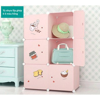 TỦ NHỰA GHÉP 6 Ô SÂU 47cm. TẶNG 1 treo đồ. Thân hồng cửa đồ ăn cute