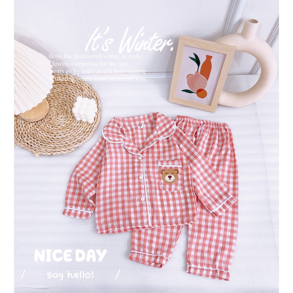 (9-30kg) Bộ quần áo pijama dày tay kẻ caro cho bé trai và bé gái HB009
