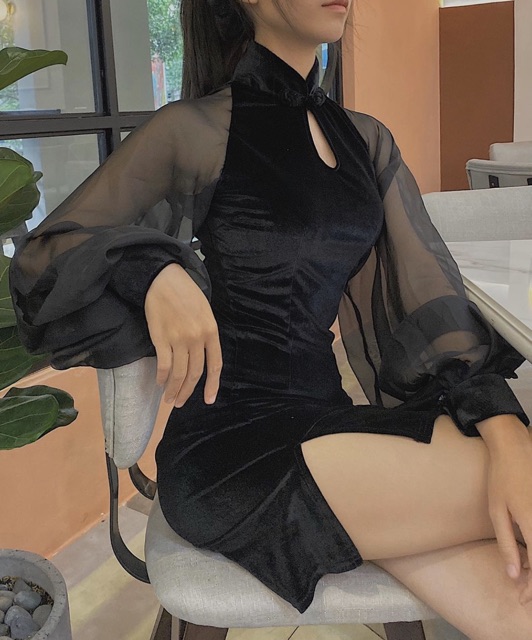 🌻ĐẦM SƯỜN XÁM TAY PHỒNG NHUNG ĐEN🌻kèm hình chụp thật | BigBuy360 - bigbuy360.vn