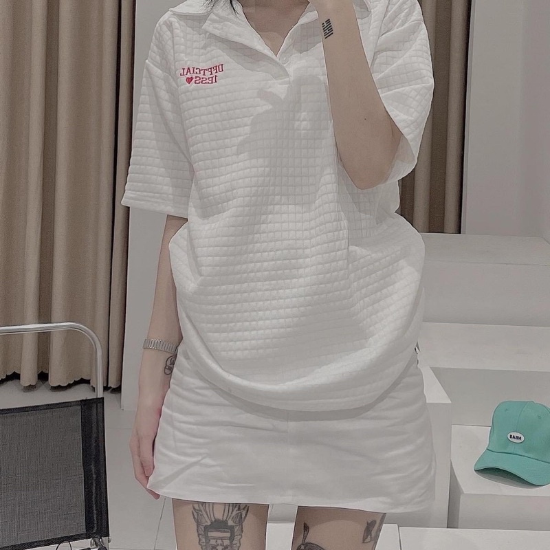 Áo Polo nữ form rộng Xốp ô vuông 1ESS❤️ [FREESHIP] Áo cổ bẻ trắng thêu chữ lạ mắt cực chất