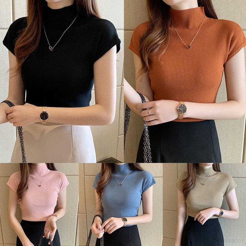 Áo Thun Dệt Kim Tay Ngắn Cổ Lọ Màu Trơn Dáng Ôm Thời Trang Trẻ Trung