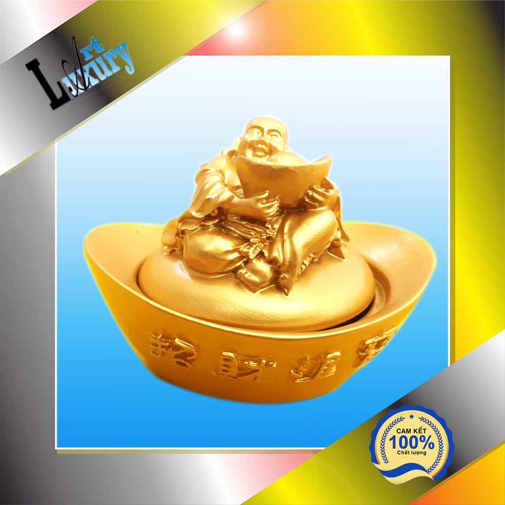 Thỏi Vàng Phong Thủy May Mắn Chiêu Tài Lộc, Phật Di Lặc ngồi trên thỏi vàng  dài 8 cm  - Luxury Art