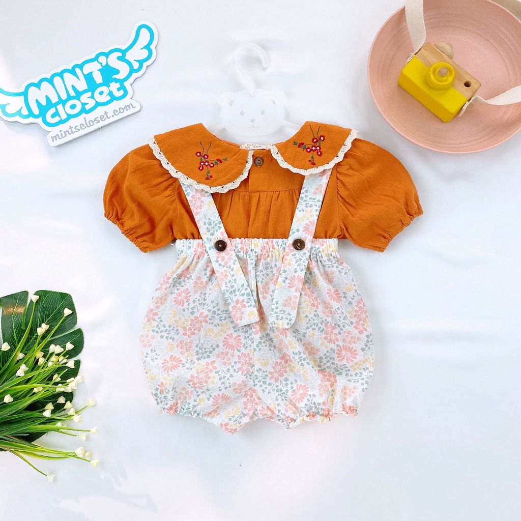 Set yếm bé gái kèm áo thêu hoa thô boil mềm phối ren cho bé 6 - 16kg MINTSCLOSET Mint's Closet - YE5030