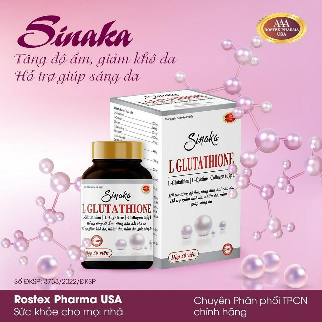 Viên uống trắng da Sinaka L Glutathione giảm nếp nhăn, mờ nám, chống lão hóa da, làm sáng da  – Hộp 30 viên