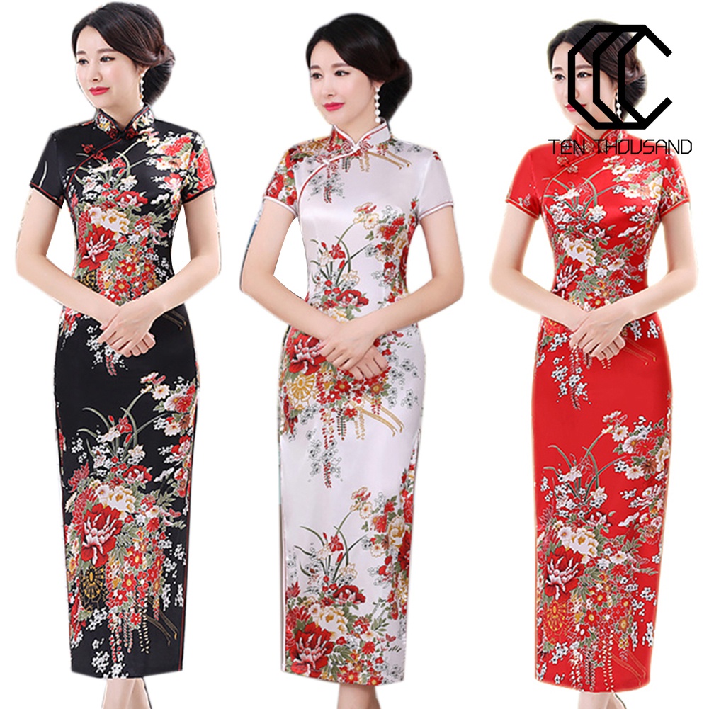 ♋Đầm Sườn Xám Cách Tân Cổ Đứng Xẻ Tà Họa Tiết Hoa Phong Cách Trung Quốc