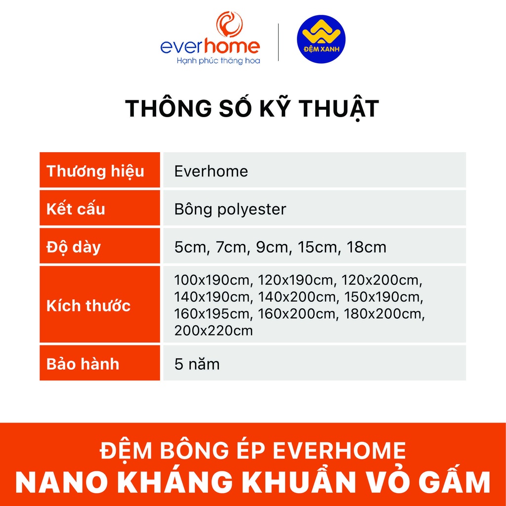 Đệm bông ép EVERHOME vỏ gấm - bảo hành chính hãng 5 năm