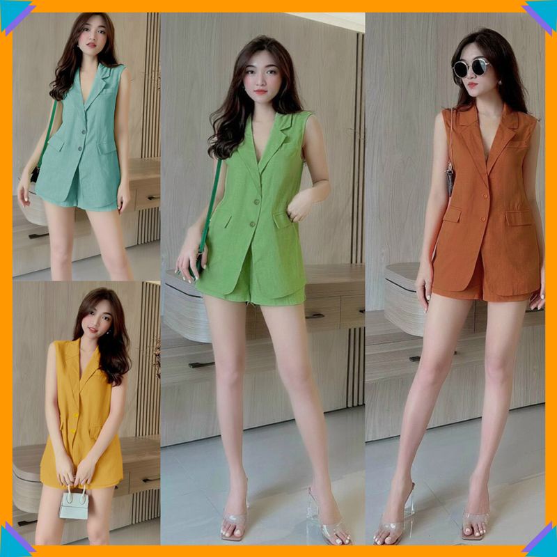Set bộ áo cổ vest form dài 2 nắp túi quần short xinh xắn J1186