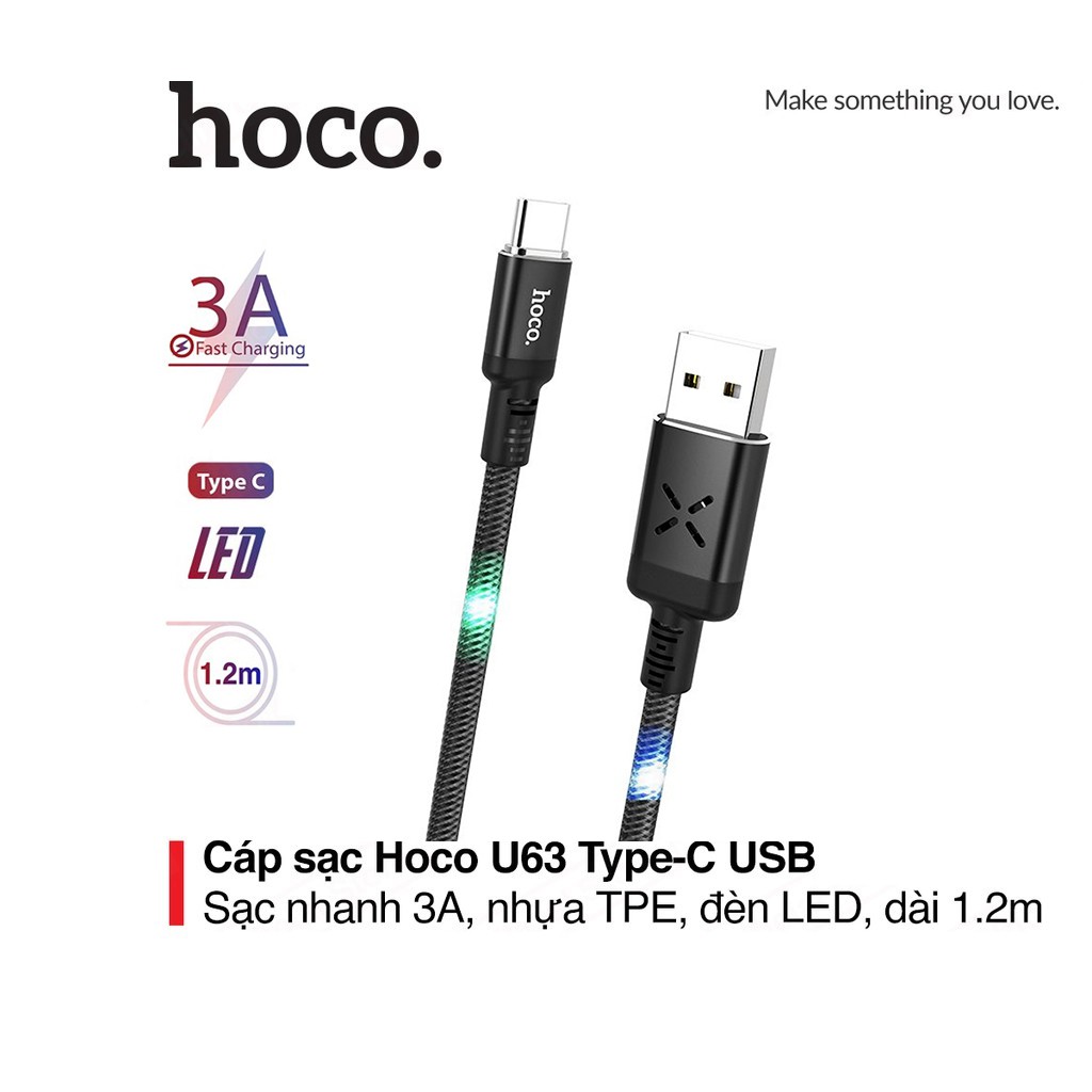 Cáp sạc 3A Hoco U63 Type-C đèn Led phát sáng hỗ trợ truyền dữ liệu dài 1.2M cho Android