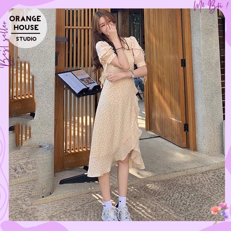 (Mễ Bối_ORDER ) Váy voan hoa nhí màu vàng MORAN cổ V nhún bèo đuôi cá xẻ tà điệu đà Hàn Quốc mùa hè (NEW_HOT)