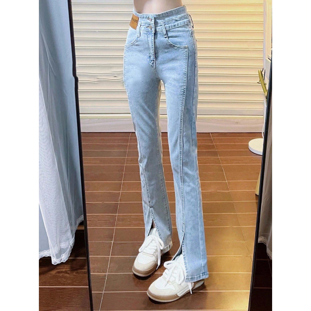 Porozi Quần jean  lưng cao ống rộng thời trang Hàn Quốc cá tính dành cho nữ