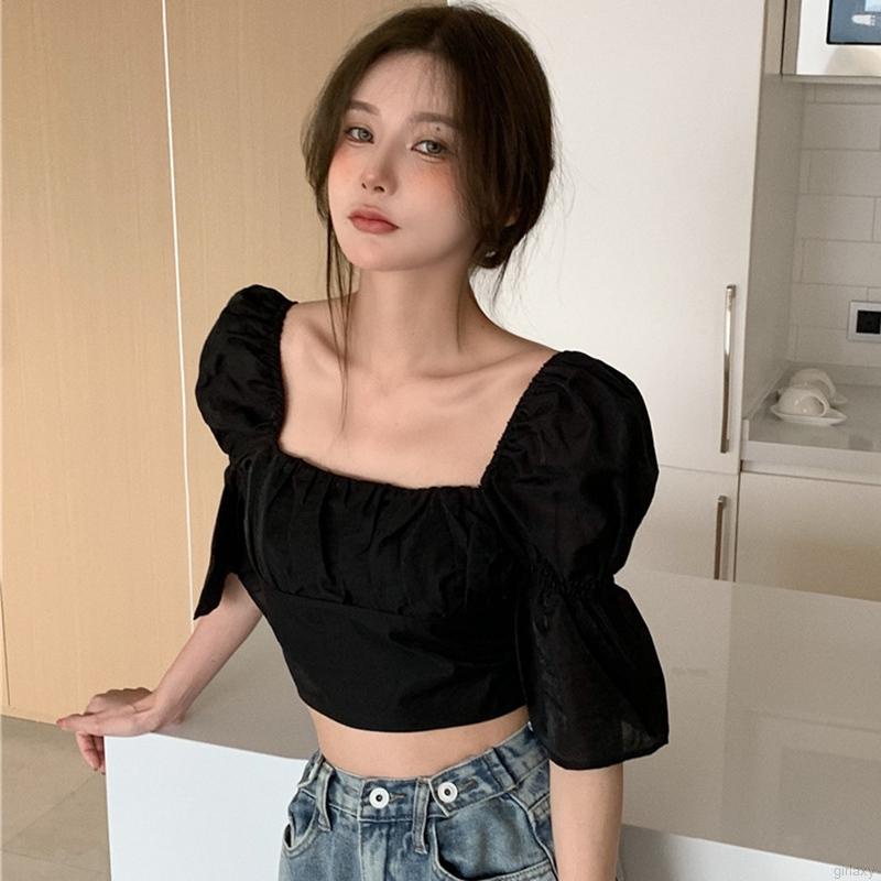 Áo kiểu croptop cổ vuông tay ngắn thiết kế dây đan chéo thắt nơ sau lưng màu trơn phong cách Hàn Quốc retro cho nữ