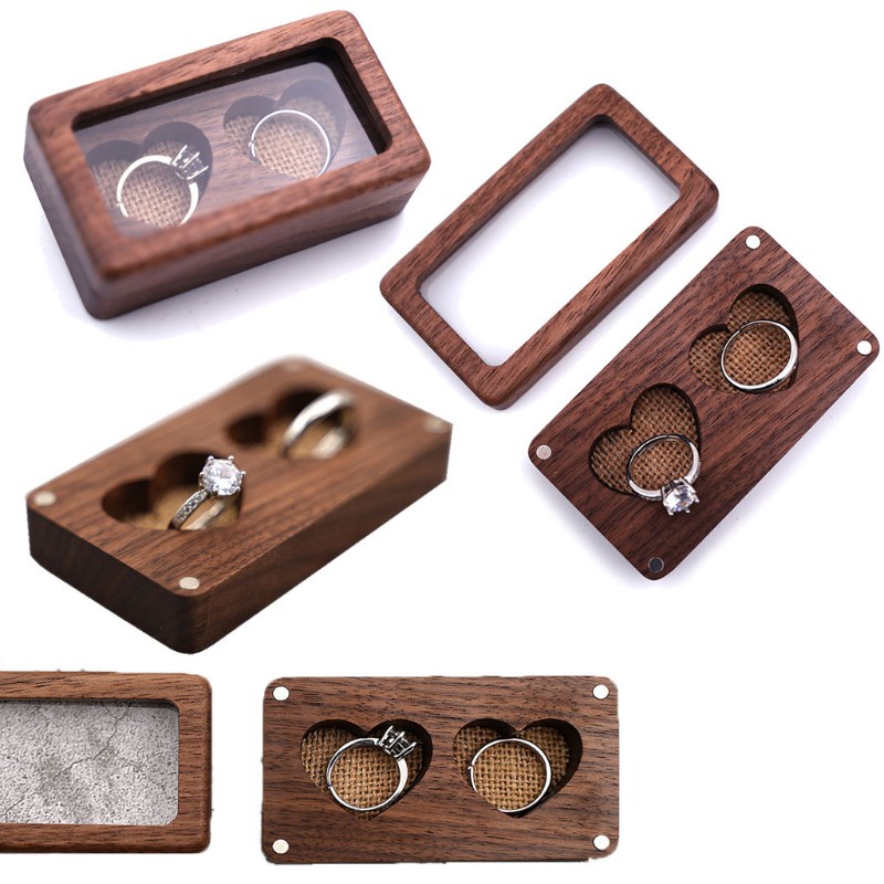 SEL Walnut Wood Jewelry Box Poposal Portable Ring Holder Rustic Wedding Ring Box