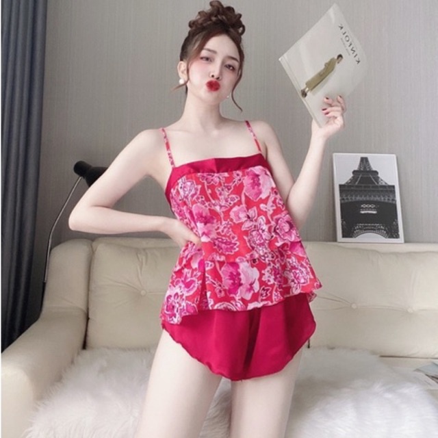 Đồ ngủ sexy nữ 🥰Free ship🥰 Bộ đùi cột dây sau quần satin phối voan 40<65kg | BigBuy360 - bigbuy360.vn