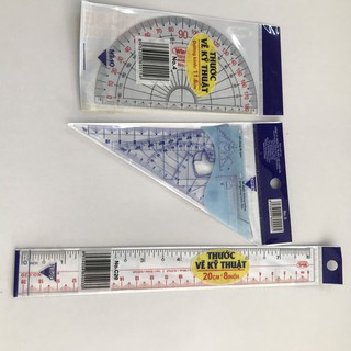 Bộ 4 cây thước kỹ thuật thẳng dẻo (20cm) - eke nhỏ ( 2 cây) - đo độ ( 11.8 cm)