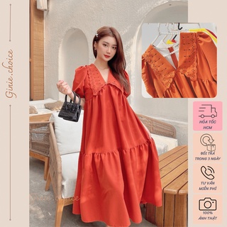 Đầm maxi đuôi cá form rộng, Đầm maxi cổ V họa tiết, cam đất