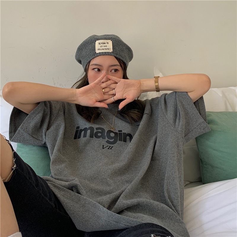 Áo thun tay ngắn dáng rộng in chữ thời trang cho nữ