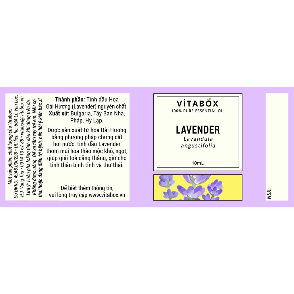 Tinh Dầu Oải Hương (Lavender) - 100% Thiên Nhiên Nguyên Chất - Vitabox Natural Essential Oil