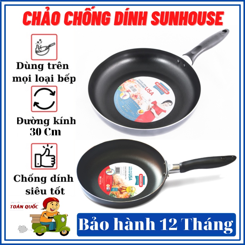 Chảo chống dính sunhouse Chảo trống dính phù hợp với bếp gas, bếp hồng ngoại, nhiều kích cỡ đa dạng Bh 12 tháng