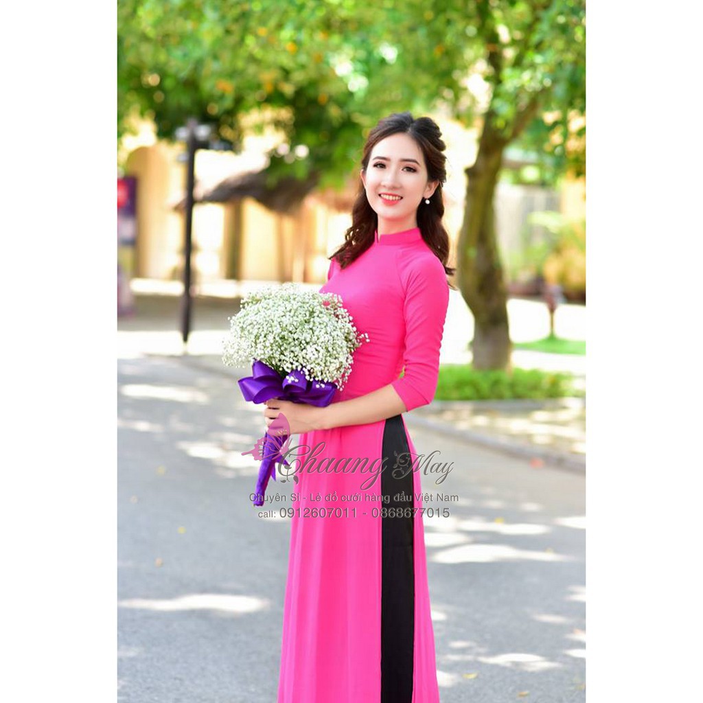 Áo dài truyền thống hồng sen đỏ Chaang May sẵn lụa Mỹ co giãn 4 chiều dự tiệc lễ tết đẹp