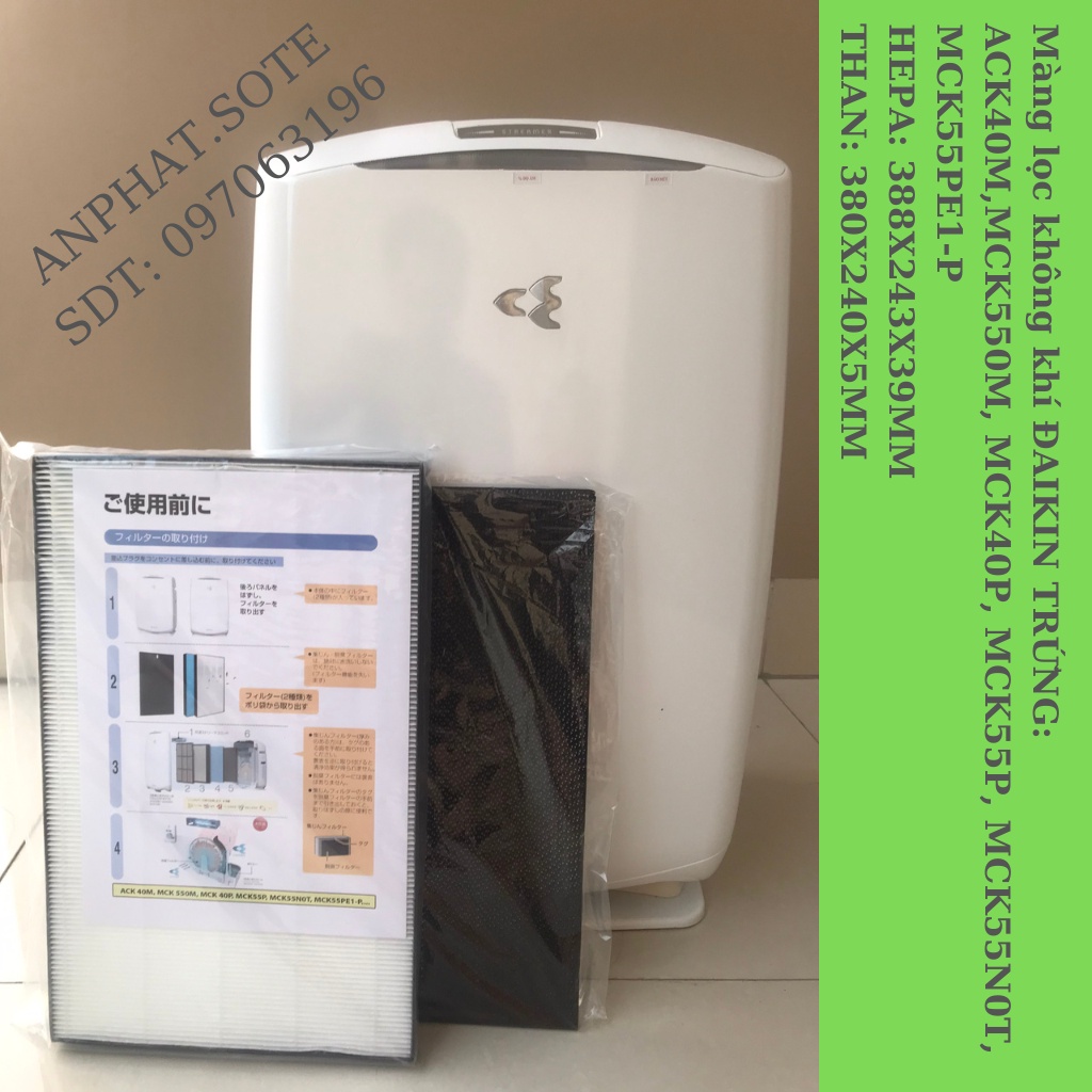 Màng lọc dành cho máy DAIKIN có model: ACK40M, MCK550M, MCK40P, MCK55P, MCK55N0T, MCK55PE1-P,...Kích thước: 388x243x39mm