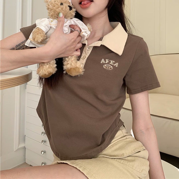 Áo thun cổ polo tay ngắn ôm vừa vặn ngắn thời trang mùa hè Mỹ cổ điển thịnh hành cho nữ HxV0