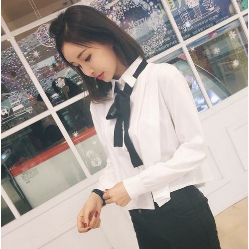 Áo sơ mi trắng nữ phối nơ cá tính phong cách Korea Tinaangela