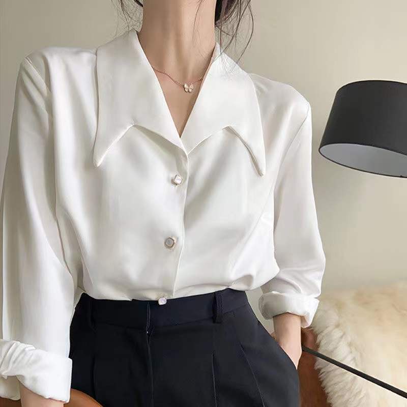 Linki ❀ Áo Sơ Mi Nữ Tay Dài Màu Trơn Kiểu Dáng Đơn Giản Thời Trang Công Sở