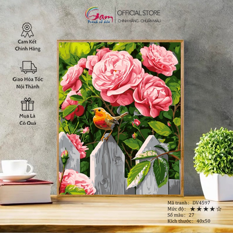 Tranh sơn dầu số hoá chim và hoa GAM nâng cấp bộ màu to 5ml kèm 2 bộ cọ đã căng khung 40x50cm DV4597