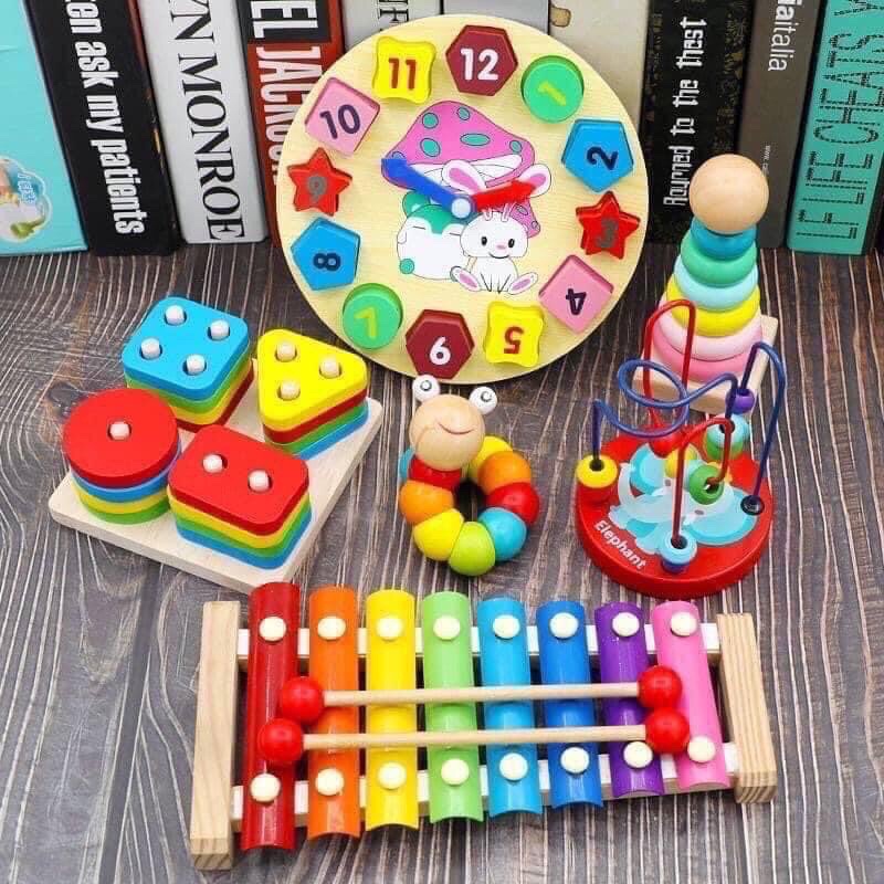 Đồ chơi gỗ cho bé combo 6 món đồ chơi thông minh phát triển trí tuệ cho trẻ  giáo cụ montessori cho bé học mầm non