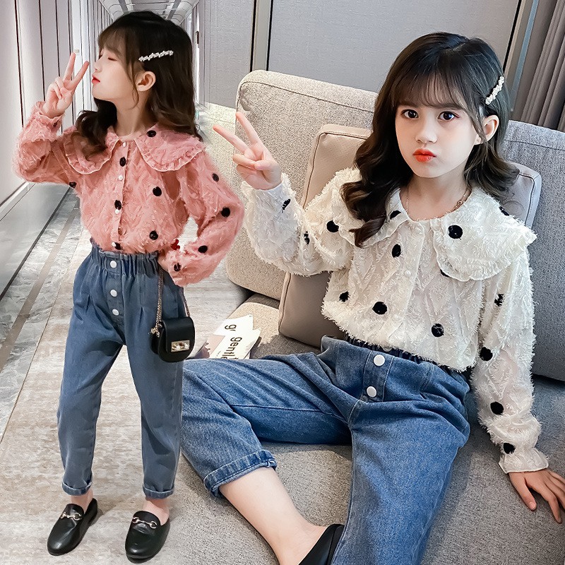 [SALE BV53⚡Size110-160 (12-45kg)⚡Đồ bộ cho bé gái, áo sơ mi + quần jean⚡Thời trang trẻ Em hàng quảng châu freeship