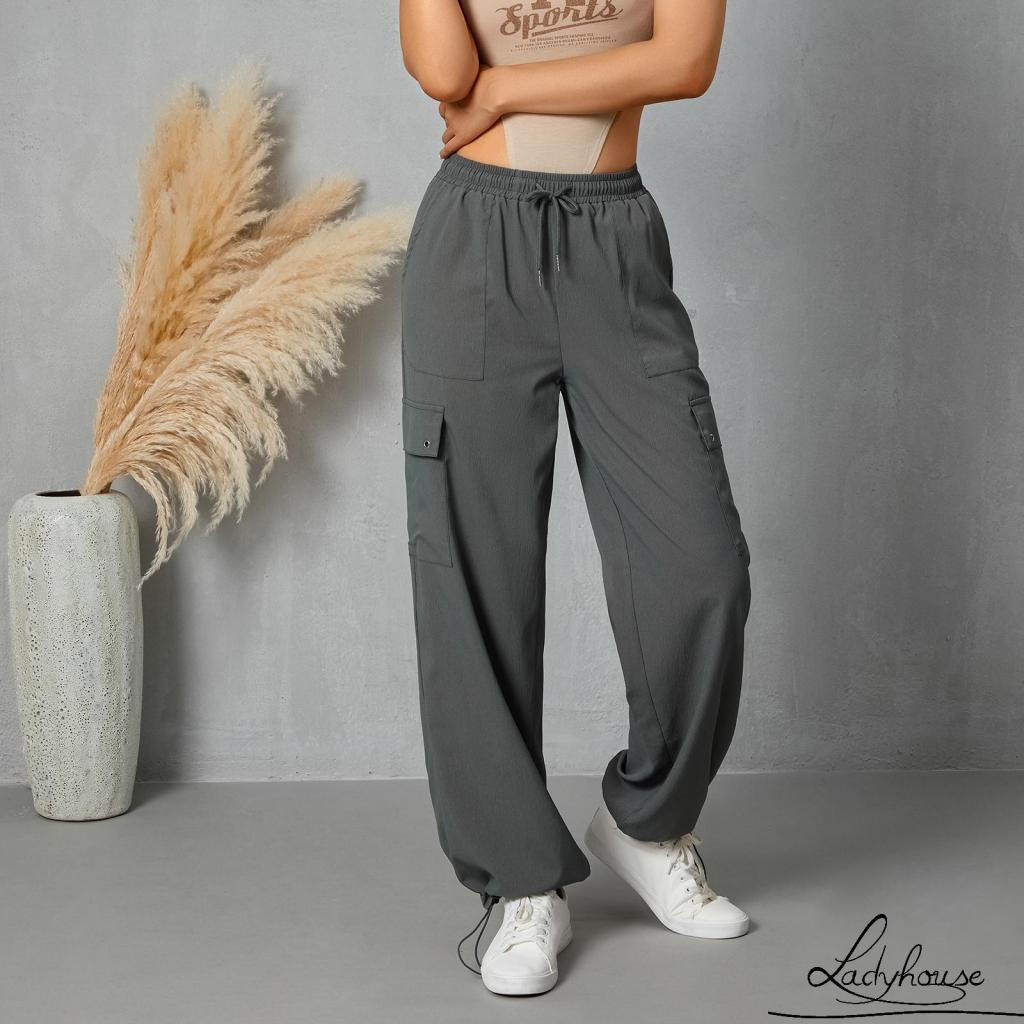 Quần Dài Dáng Suông Lưng Thấp Có Túi Bên Hông Màu Trơn Thời Trang Cho Nữ