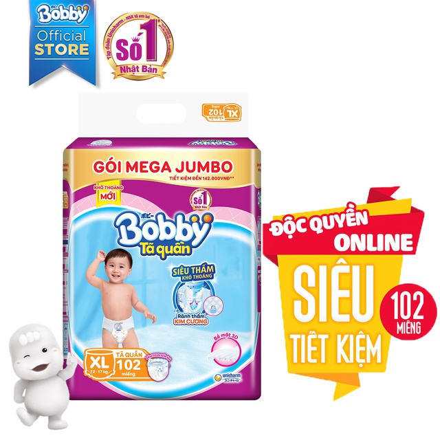 Tã quần Bobby siêu thoáng bịch Mega Jumbo M120/L111/XL102/XXL93