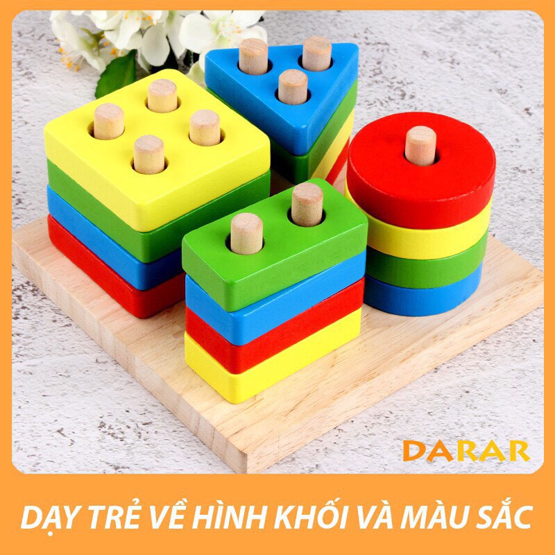 Đồ chơi gỗ - Bộ thả hình học 4 trụ - Đồ chơi phát triển giúp bé làm quên hình khối và màu sắc - Hàng loại 1