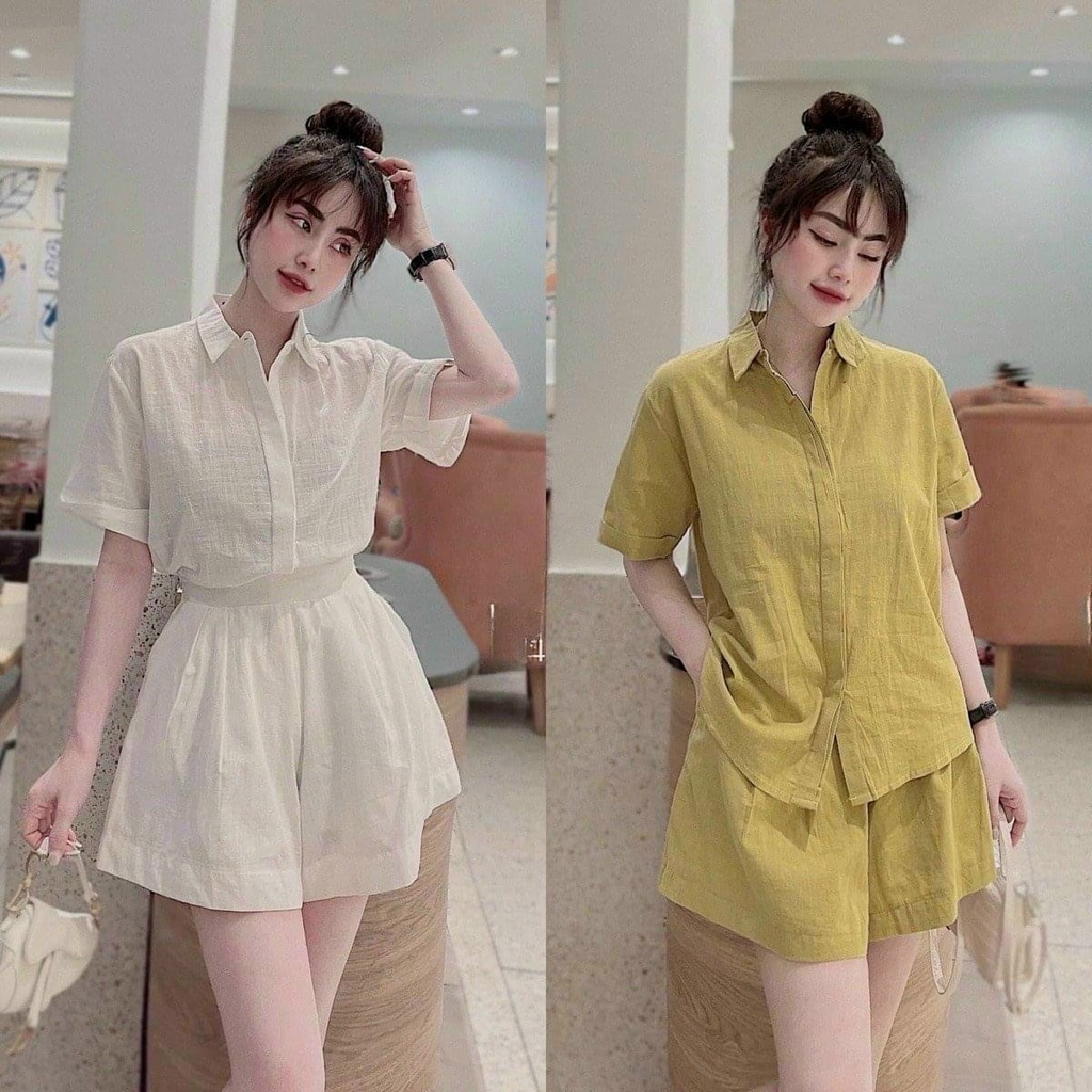 Sét bộ áo sơ mi tay ngắn cài nút kèm quần đùi thích hợp đi chơi dạo phố