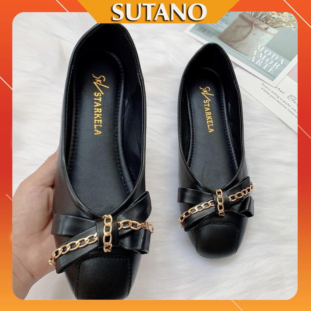 Giàu bệt giày búp bê nữ mũi vuông kèm nơ đính xích xinh xắn B254 | BigBuy360 - bigbuy360.vn