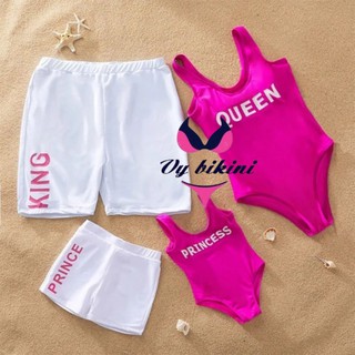 Set đồ bikini đi biển cho gia đình màu hồng trắng