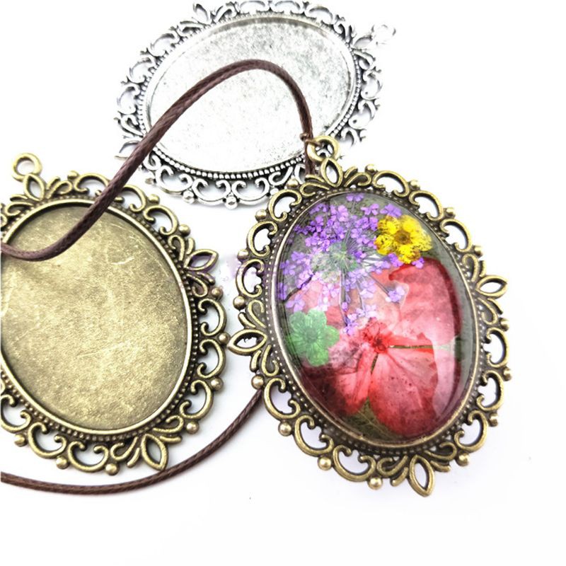 Set 10 khay mặt dây chuyền và 10 miếng cabochons thủy tinh hình oval tự làm trang sức thủ công