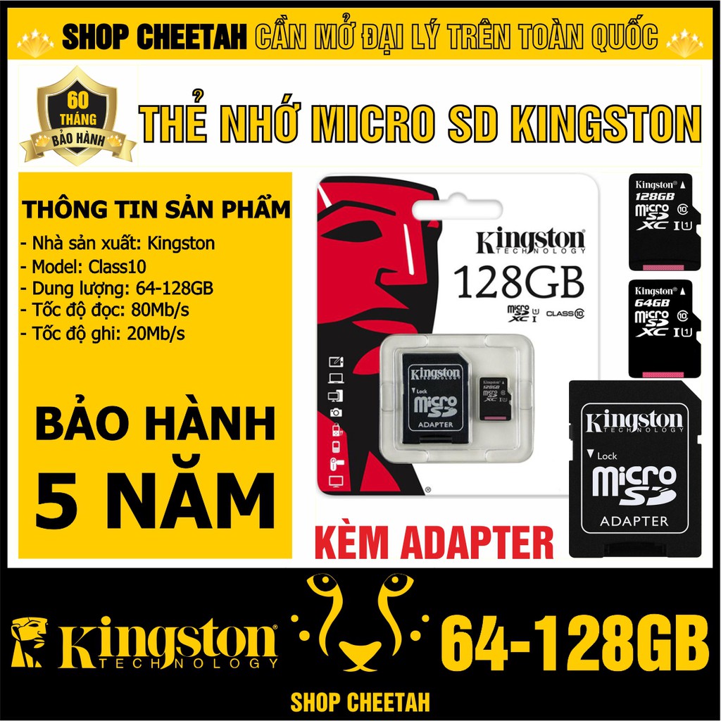 Thẻ nhớ Kingston MircoSD 128GB/64GB – Chính Hãng – Bảo hành 5 năm – Dùng cho Điện thoại – Máy ảnh – Camera – Kèm Adapter