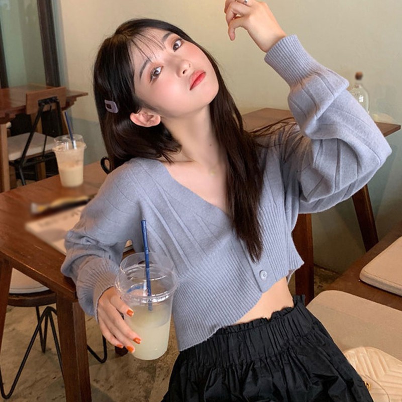 Áo Croptop Dệt Kim Tay Dài Cổ Chữ V Phong Cách Hàn Quốc | BigBuy360 - bigbuy360.vn