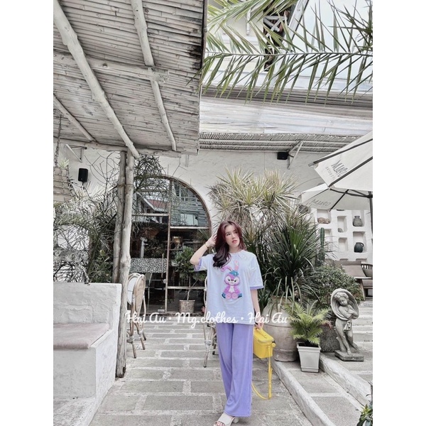 Set áo cotton thỏ tím phối viền tay quần gân xinh xắn P3