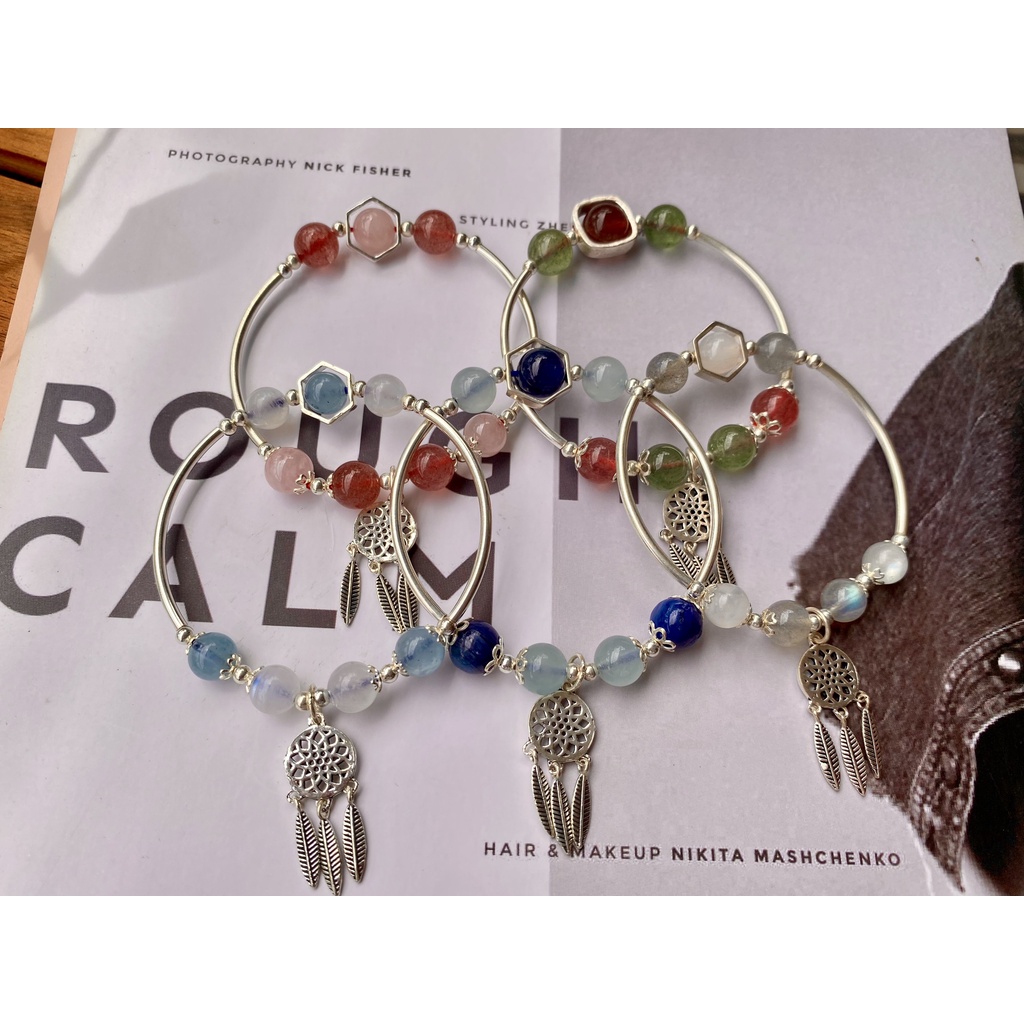 Vòng Phong Thủy đ.á tự nhiên mix charm bạc 925. Hợp mệnh Kim - Mộc - Thủy - Hỏa - Thổ