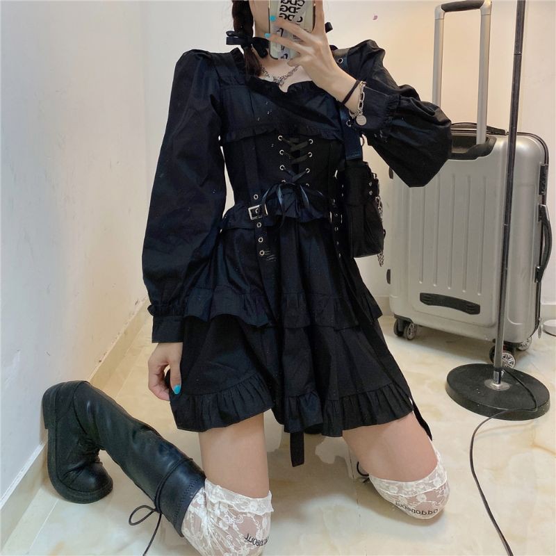 [Có Ảnh Thật - Order Hàng Loại 1] (L2) Váy đầm Gothic Lolita đan nơ ôm dáng phong cách Hàn Quốc loại đẹp