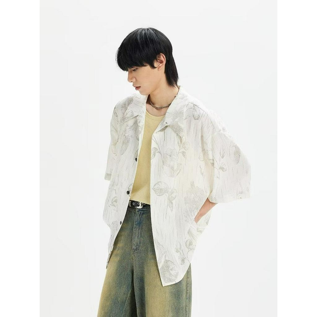 Magee Áo Sơ Mi Tay Ngắn Cổ Nhọn In Họa Tiết Retro Hàn Quốc Trẻ Trung Phổ Biến Thời Trang Cho Nam
