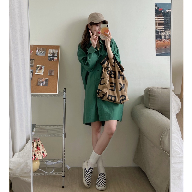 Đầm sơ mi XIAOZHAINV dáng rộng tay dài phong cách Hàn Quốc thời trang đơn giản dễ phối đồ dành cho nữ